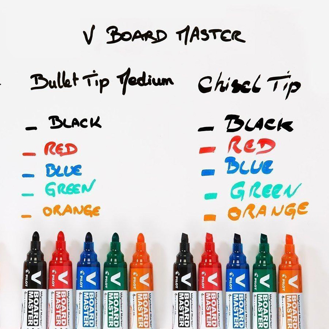 A comparison of Pilot V Board Master bullet tip and chisel tip refillable markers in multiple colours, highlighting their versatility for educators, parents, and students seeking eco-friendly solutions