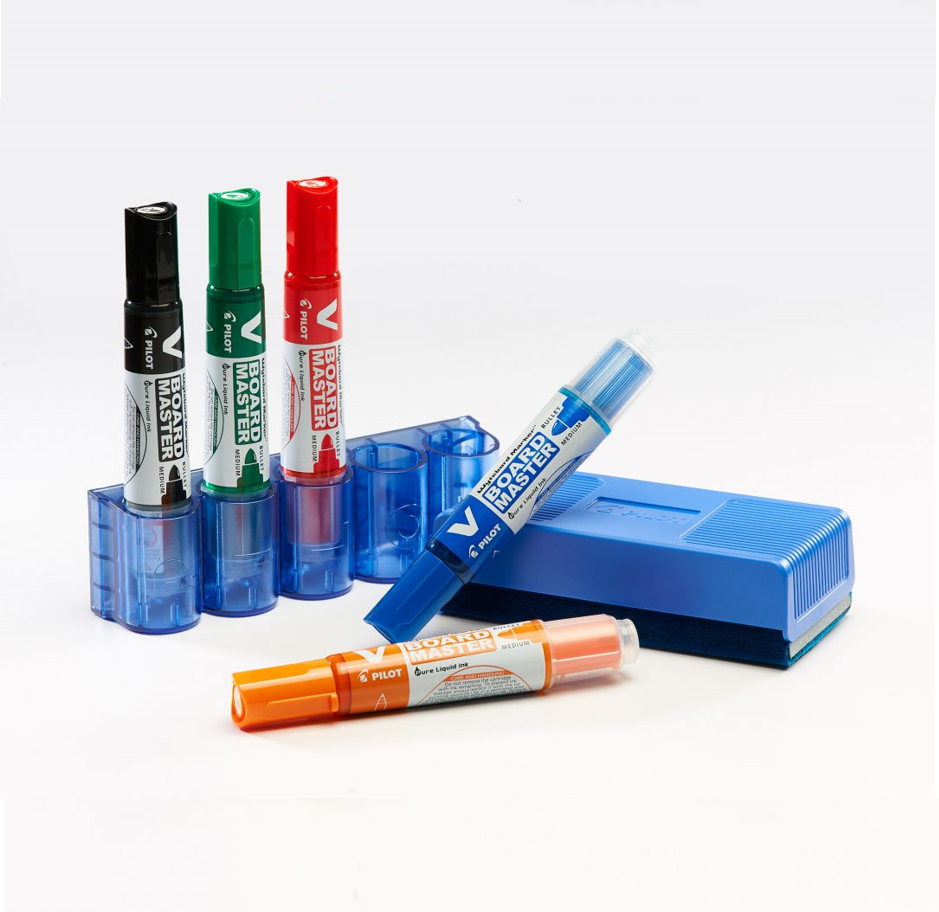 A set of black, red, green, orange and blue Pilot V Board Master refillable whiteboard markers with a blue eraser, featuring a holding station for easy placement on a whiteboard.