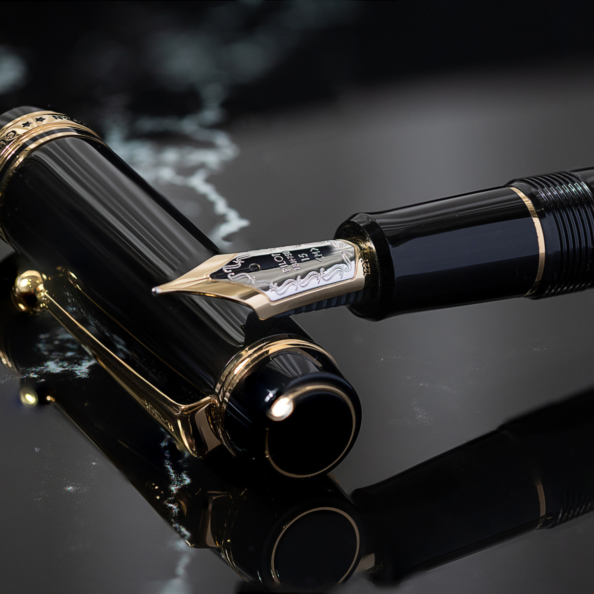 A close-up image of the Pilot CUSTOM 845 fountain pen, showcasing the glossy depth of the urushi lacquer on the barrel and cap. Engraved swirls and Pilot branding adorn the gold nib and trim, highlighting the value, craftmanship and prestige of a fountain pen